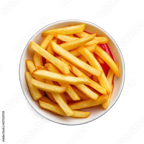 French fries with ketchup top view isolated on white created with Generative AI