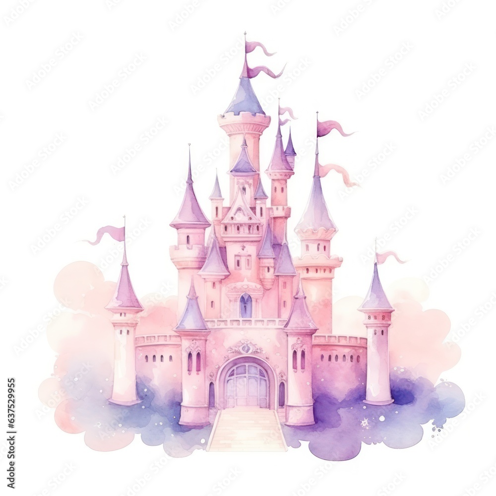 Watercolor princess castle isolated