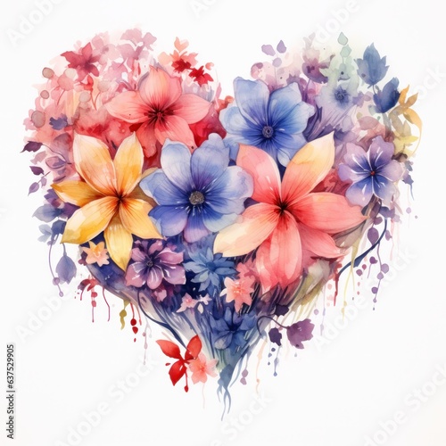 Watercolor Flowers in Shape of Heart isolated