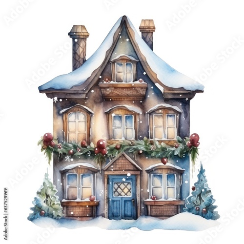 Watercolor cute Christmas house isolated
