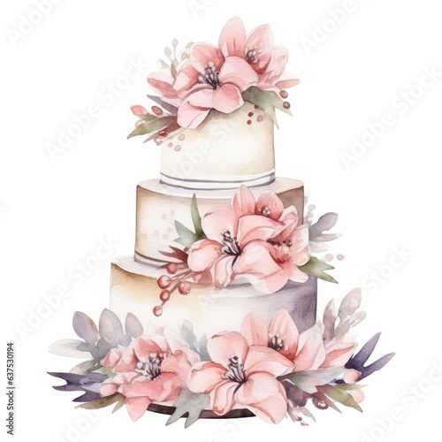 Watercolor wedding cake with flowers isolated.