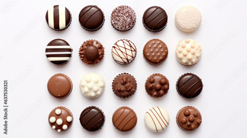 top view of various chocolate pralines isolated on white background top view of various chocolate pralines isolated on white background