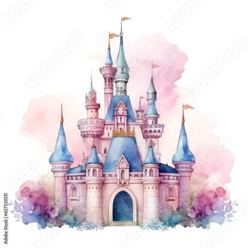 Watercolor princess castle isolated