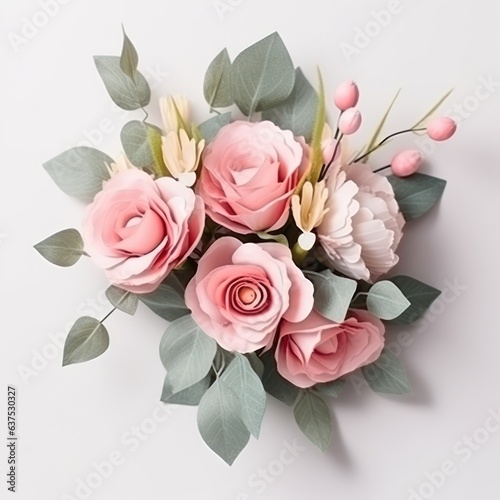 Blossoming flower bouquet of roses and euca isolated.