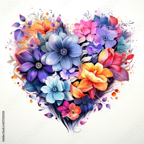 Watercolor Flowers in Shape of Heart isolated