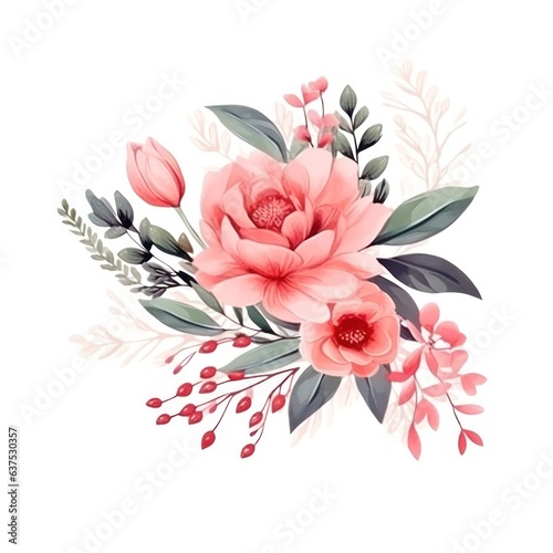 Watercolors pink flower bouquets leaf branches isolated