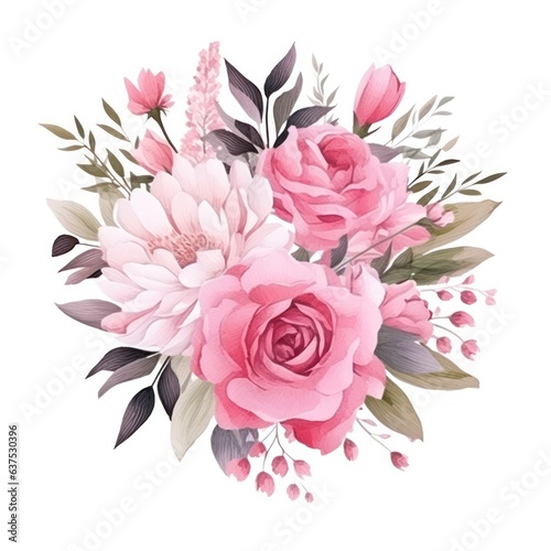 Watercolors pink flower bouquets leaf branches isolated