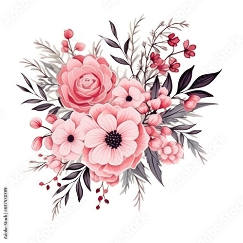 Watercolors pink flower bouquets leaf branches isolated