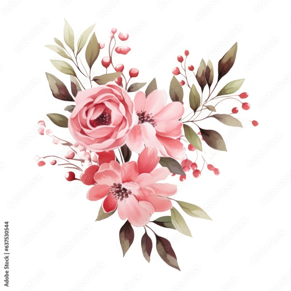 Watercolors pink flower bouquets leaf branches isolated