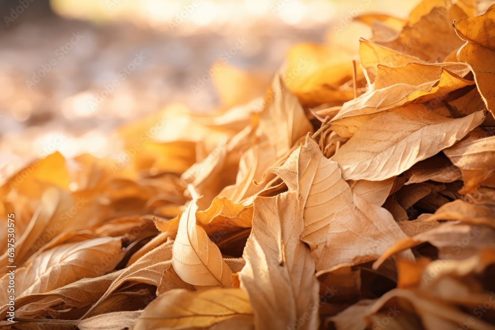 a close-up of a pile of dry leaves in autumnal sunlight
