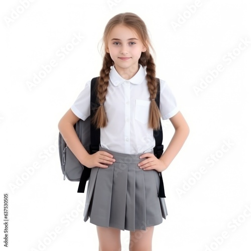 Schoolgirl with backpack isolated.