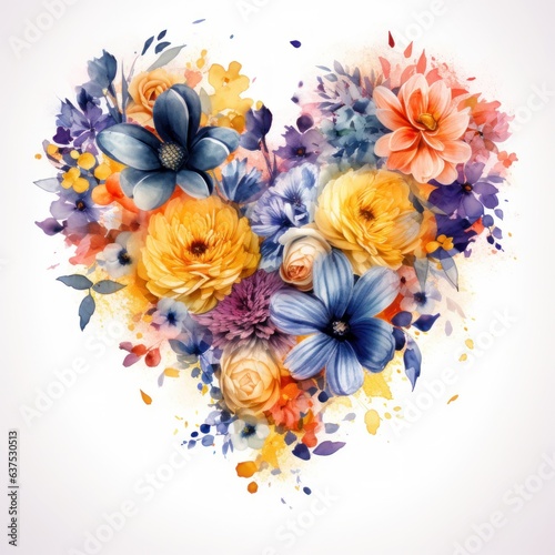 Watercolor Flowers in Shape of Heart isolated