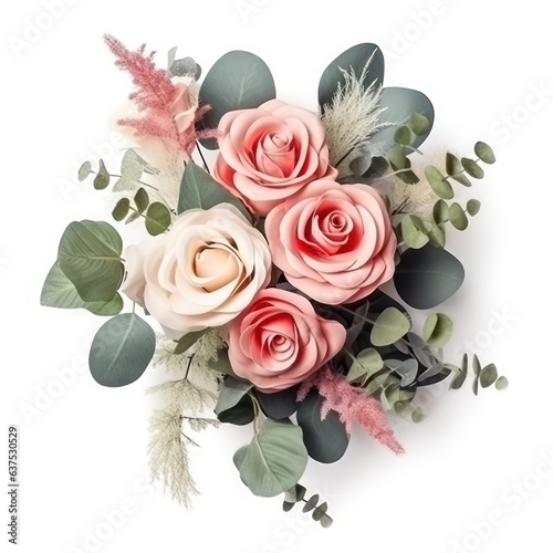 Blossoming flower bouquet of roses and euca isolated.