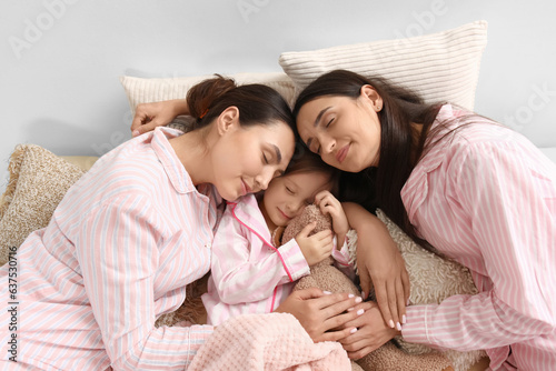 Two mothers and child sleep...