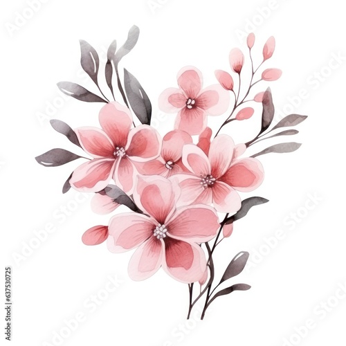 Watercolors pink flower bouquets leaf branches isolated