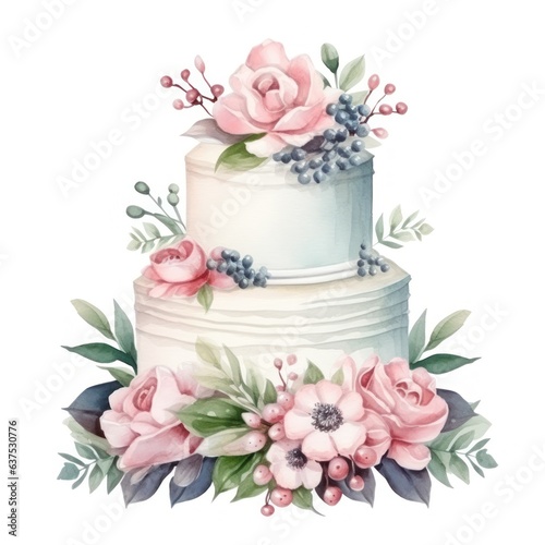 Watercolor wedding cake with flowers isolated.