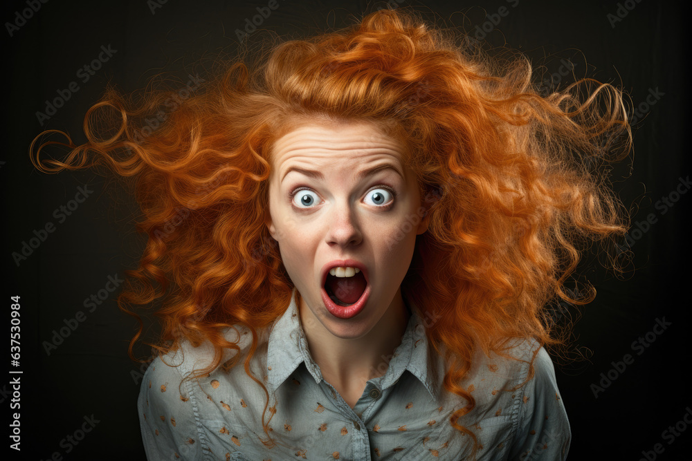 Ridicilous portrait of a redhead woman with amazed face expression Ridicilous portrait of a redhead woman with amazed face expression