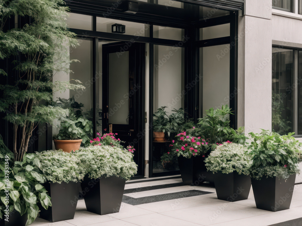 Digital photo of a beautiful apartment with a lot of greenery growing on the facade, dreamy biophilic design