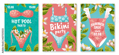 Summer poster. Beach swimsuit, travel vintage vacation for woman, holiday time on sea, pool bikini party or sale. Trendy swimwear, textured bra, pants. Floral leaf, flower. Vector illustration flyer