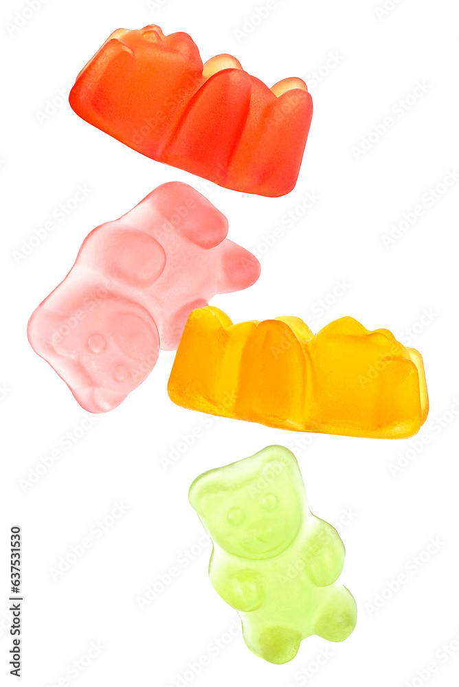 Flying delicious jelly bears isolated on a white background. Marmalade bears. Flying delicious jelly bears isolated on a white background. Marmalade bears.