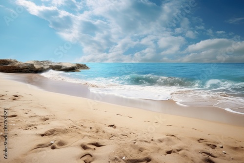Sandy beach and waves. Turquoise water, summer landscape
