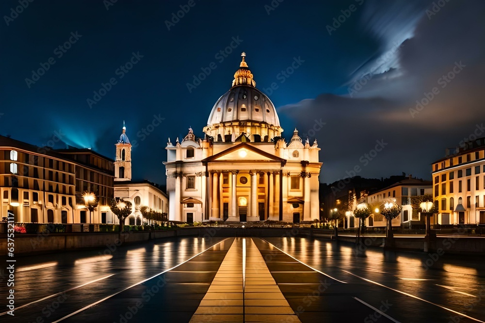 Night view of the Basilica St Peter in Rome, Italy. Generative AI