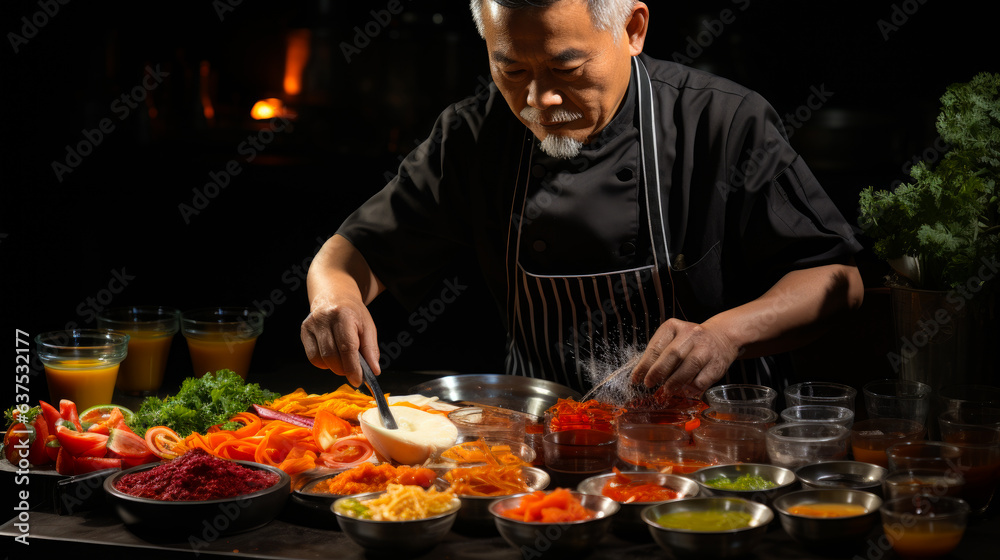 A professional chef preparing delicious food on a well-organized kitchen table. A man in a chef's uniform preparing food on a table