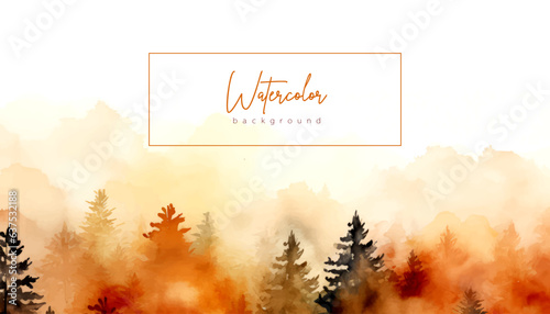 Abstract watercolor background with simply abstract forest trees. Vector illustration with autumn fall colors. Art banner, backdrop for cards, invitations, web, social media, advertising, design