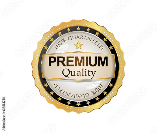 Premium quality badge with gold ribbon on white background 