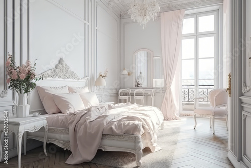 Luxury bedroom, in light colors with Victorian furniture. Generative AI