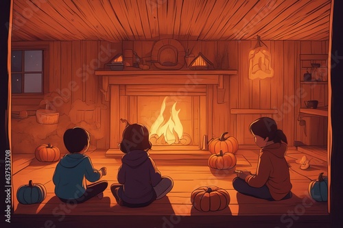 Three children sitting in front of a fireplace in a wooden house, pumpkins on the floor, Halloween