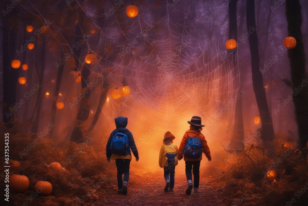 Fototapeta premium Kids walking from school on Halloween on a forest road encountered a huge spider web