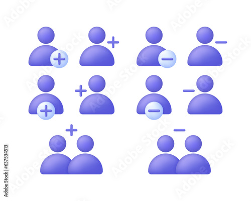 3D Set of User icon and plus, minus marks isolated on white background. Avatar, human, person, people icon.