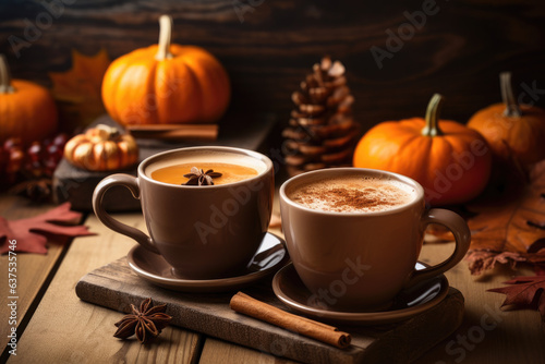 Foto Warm cups of apple cider and pumpkin spice lattes