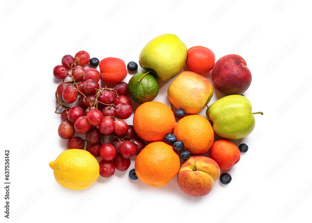 Composition with fresh fruits and berries on white background Composition with fresh fruits and berries on white background