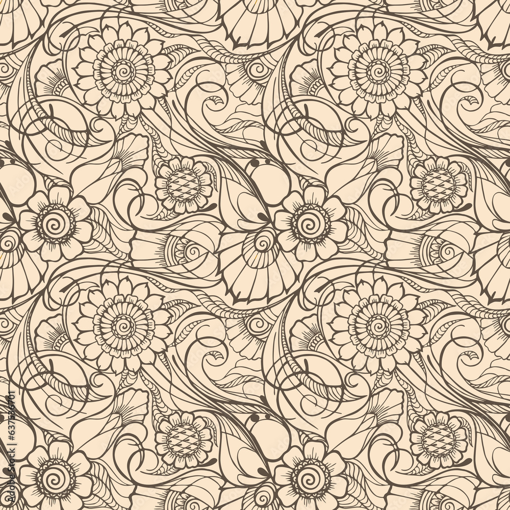 graphic pattern of large brown flowers on a beige background, seamless pattern, texture, design