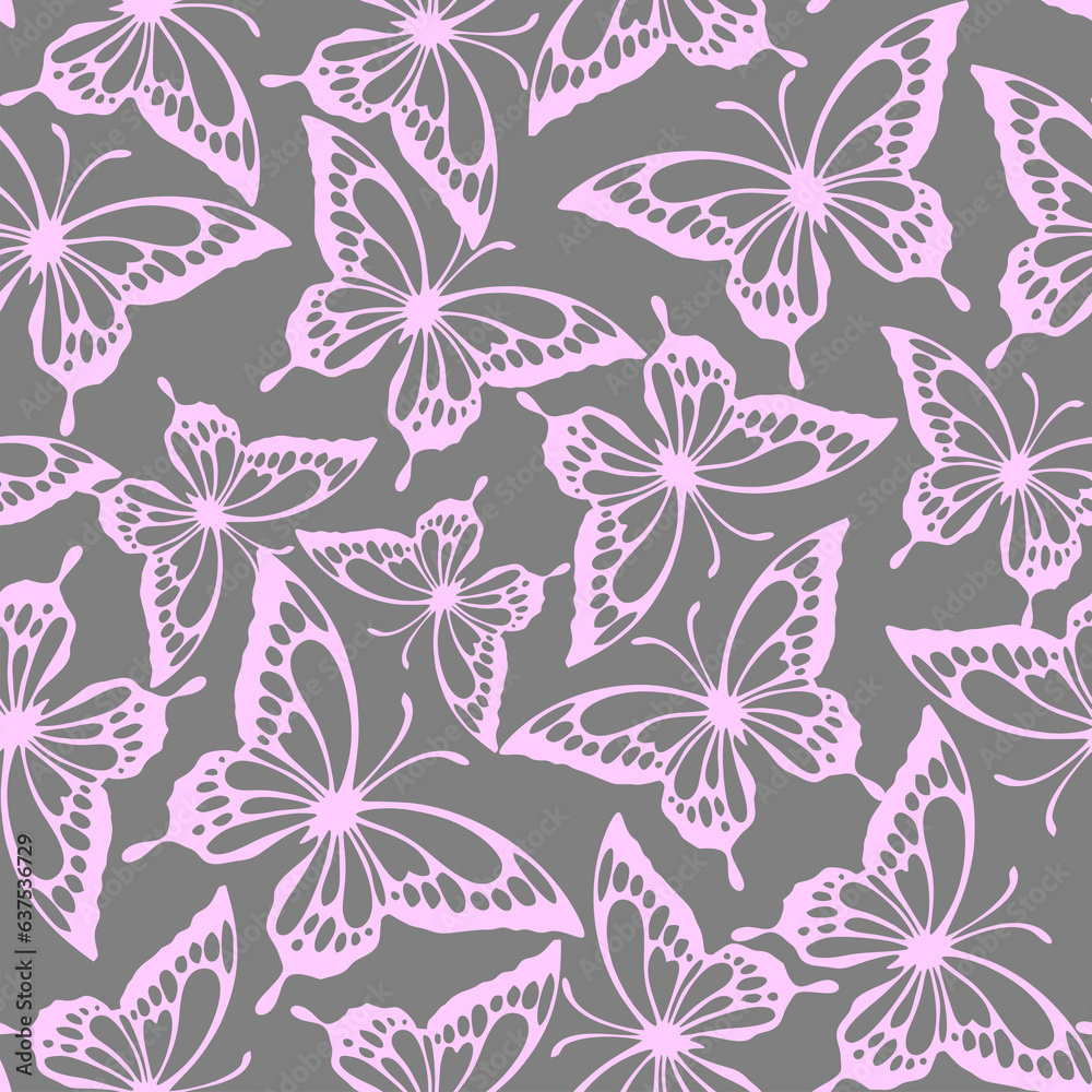 seamless pattern of pink contours of butterflies on a gray background, texture, design