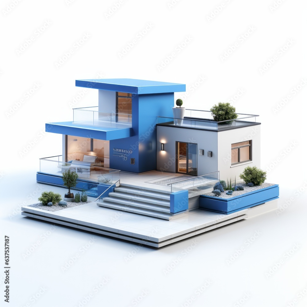 3D model a blue modern house with trees, isometric illustration, render ...