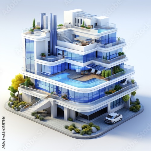 3D model a blue modern hotel with swimming pool and palms, isometric illustration, render from blender in minimalism style, high quality details, isolated on white background.