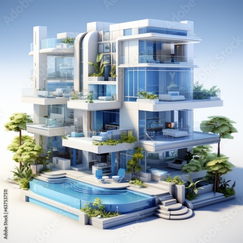 3D model a blue modern hotel with swimming pool and palms, isometric illustration, render from blender in minimalism style, high quality details, isolated on white background.