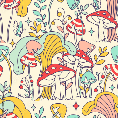 Tangled graphic with groovy mushrooms. Seamless pattern, retro 60s, 70s hippie style background. Retro meadow, wonderland. Positive vibe toadstools and plants for textile, wrapping or printing
