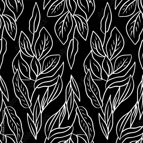 Monochrome seamless pattern with tropical leaves on black background. Line art botanical wallpaper