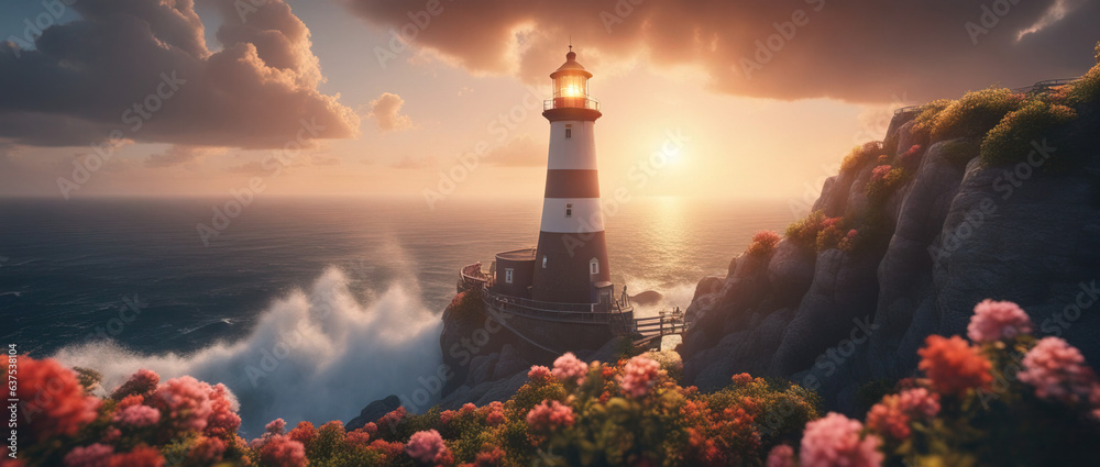 Waves of an ocean beating against a cliff on which there is a beautiful lighthouse against the backdrop of a sunset sky with clouds. Impressive and dynamic landscape. Flower field in foreground. - obrazy, fototapety, plakaty 