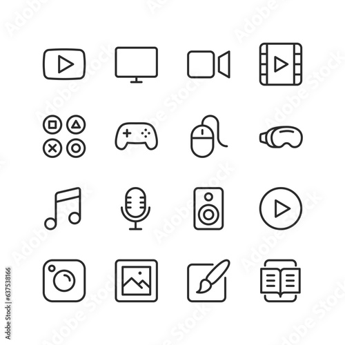 Multimedia, linear style icons set. Symbols for video, games, music, graphics and text. Digital content. Editable stroke width