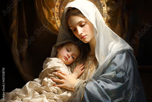 Holy Virgin Mary with Child Jesus. Generative AI