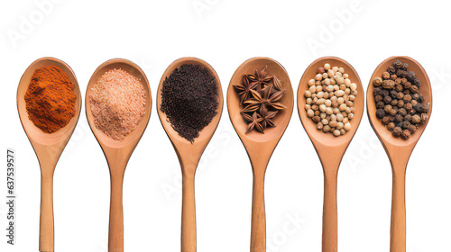 Spices in five wooden spoons isolated on white created with Generative AI