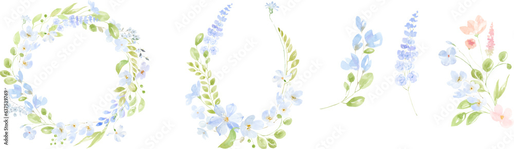 Watercolor vector wreaths with tiny blue and pink flowers, leaves. Tiny wild flower botanical wreath frame. Vector floral background for wedding invitation card template. Gentle bohemian flowers