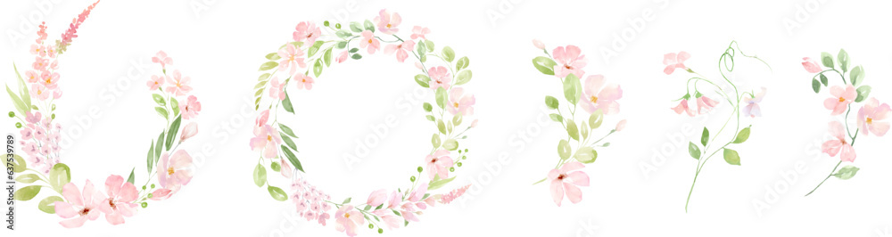 Watercolor vector wreaths with tiny blue and pink flowers, leaves. Tiny wild flower botanical wreath frame. Vector floral background for wedding invitation card template. Gentle bohemian flowers