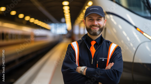 Hi speed Train driver posing in front of high speed train. Subway train photo