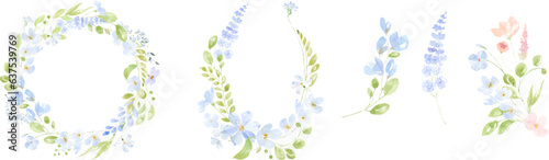 Wallpaper Mural Watercolor vector wreaths with tiny blue and pink flowers, leaves. Tiny wild flower botanical wreath frame. Vector floral background for wedding invitation card template. Gentle bohemian flowers Torontodigital.ca